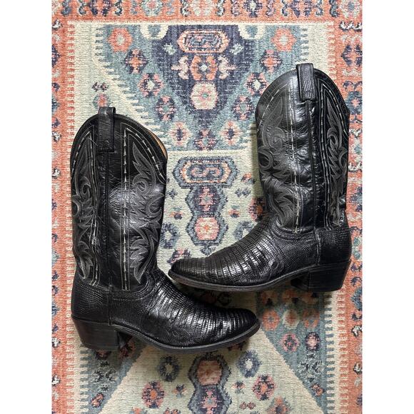 Vintage Dan Post Black Teju Lizard Men\'s Cowboy Boots USA 9.5B  Western main image 13
